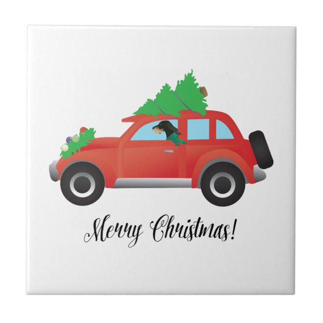 Black and Tan Coonhound Driving Christmas Car Ceramic Tile (Front)