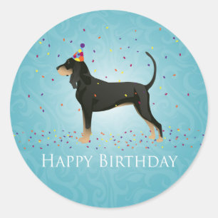 Black and Tan Coonhound Happy Birthday Design Classic Round Sticker