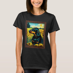 Black and Tan Coonhound Painting Sunflower Flower  T-Shirt