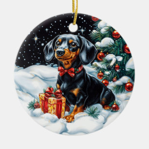 Black and Tan Dachshund Christmas Ceramic Ornament