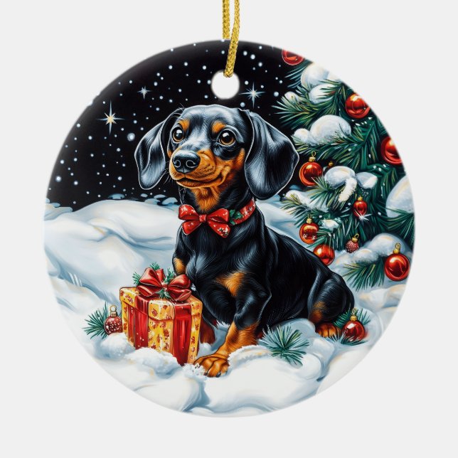 Black and Tan Dachshund Christmas Ceramic Ornament (Front)