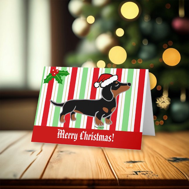Black and Tan Dachshund Christmas Posing Holiday Card (Black and Tan Smooth Haired Santa Posing Christmas Cards for Dachshund Owners.  Cartoon Design.)