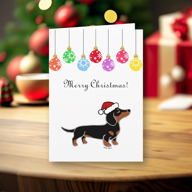 Black and Tan Dachshund Christmas Posing Holiday Card (Black and Tan Dachshund Posing Design Christmas Cards for Dachshund Owners.  Cute Cartoon Style.)
