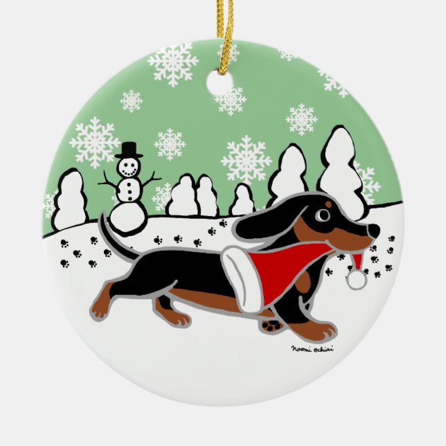 Black and Tan Dachshund Christmas Running Ceramic Ornament (Front)