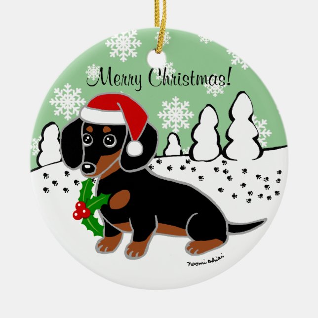 Black and Tan Dachshund Cute Eyes Santa Ceramic Ornament (Front)