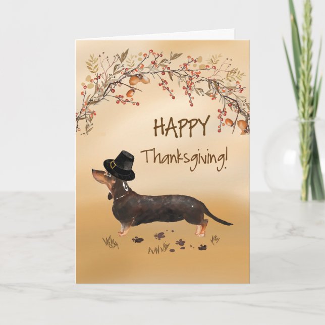 Black and Tan Dachshund Funny Hat Thanksgiving Card (Front)