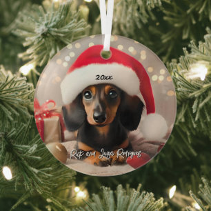 Black and Tan Dachshund Puppy with Santa Hat Glass Tree Decoration