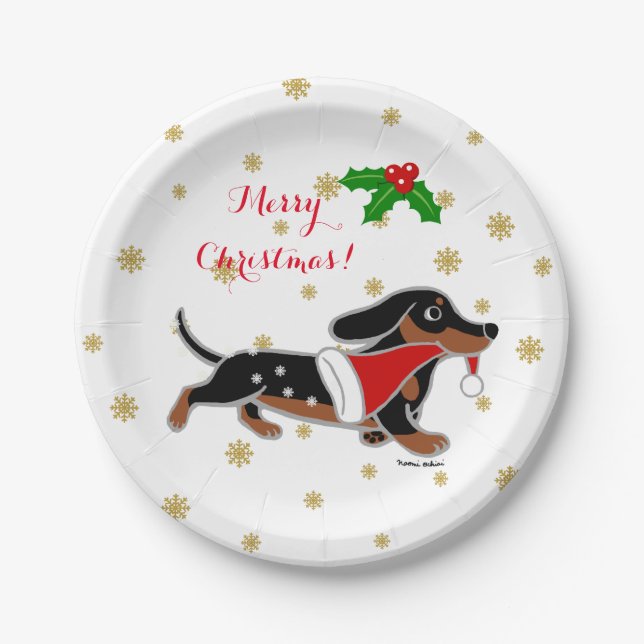 Black and Tan Dachshund Running Christmas Plate (Front)