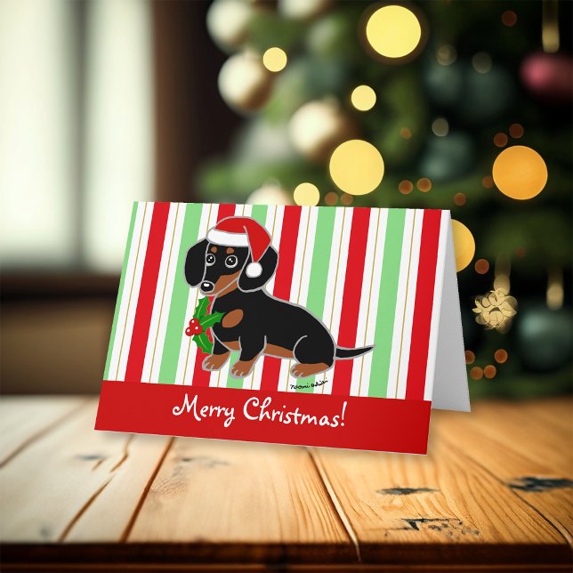 Black and Tan Dachshund Santa Christmas Holiday Card (Black and Tan Smooth Haired Dachshund Santa Christmas Cards for Dachshund Owners.  Cartoon Design.)