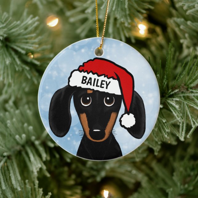 Black and Tan Dachshund Santa Dog Custom Name Ceramic Ornament (Tree)