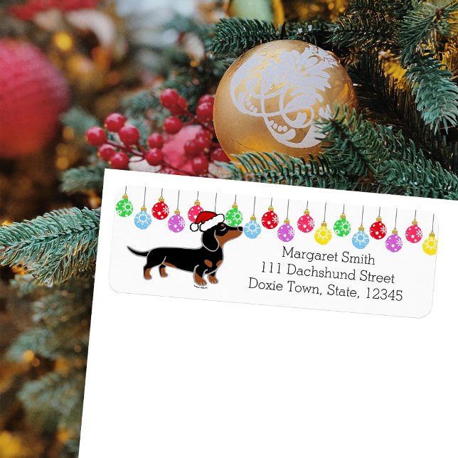 Black and Tan Dachshund Santa Labels (Black and Tan Dachshund Posing Santa Design Christmas Return Address Labels for Dachshund Owners.)