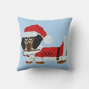 Black and Tan Dachshund Santa with a Candy Cane  Cushion
