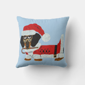 Black and Tan Dachshund Santa with a Candy Cane Cushion
