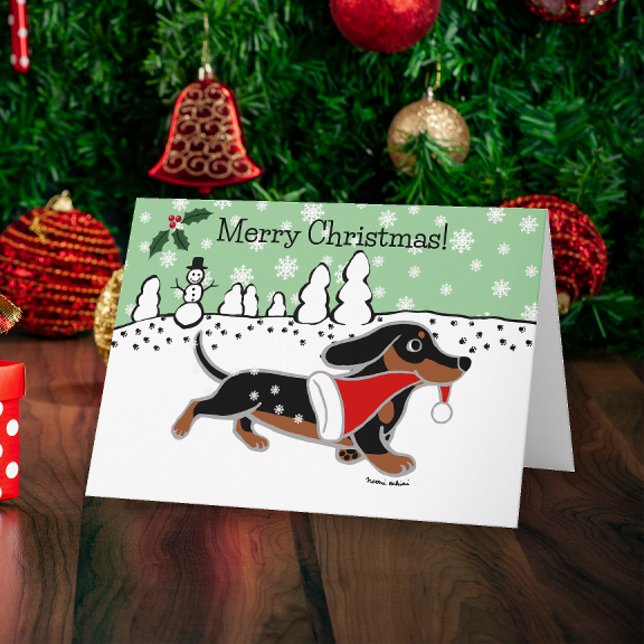 Black and Tan Dachshund Snowflakes Christmas Holiday Card (Black and Tan Dachshund Running Snowflakes Design Christmas Cards for Dachshund Owners.)