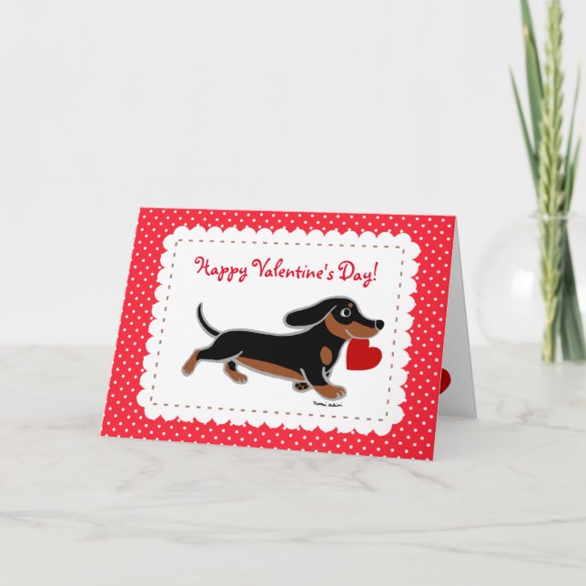 Black and Tan Dachshund Valentine Cartoon Holiday Card (Front)