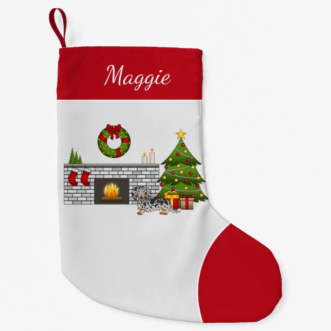 Black And Tan Dapple Long Hair Dachshund Christmas Small Christmas Stocking (Front)