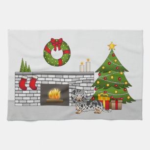 Black And Tan Dapple Long Hair Dachshund Christmas Tea Towel