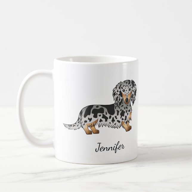 Black And Tan Dapple Long Hair Dachshund & Name Coffee Mug (Left)