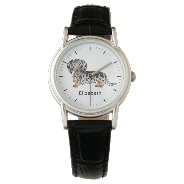 Black And Tan Dapple Long Hair Dachshund & Name Watch (Front)