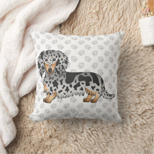 Black And Tan Dapple Long Hair Dachshund & Paws Cushion