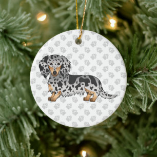 Black And Tan Dapple Long Hair Dachshund & Text Ceramic Ornament