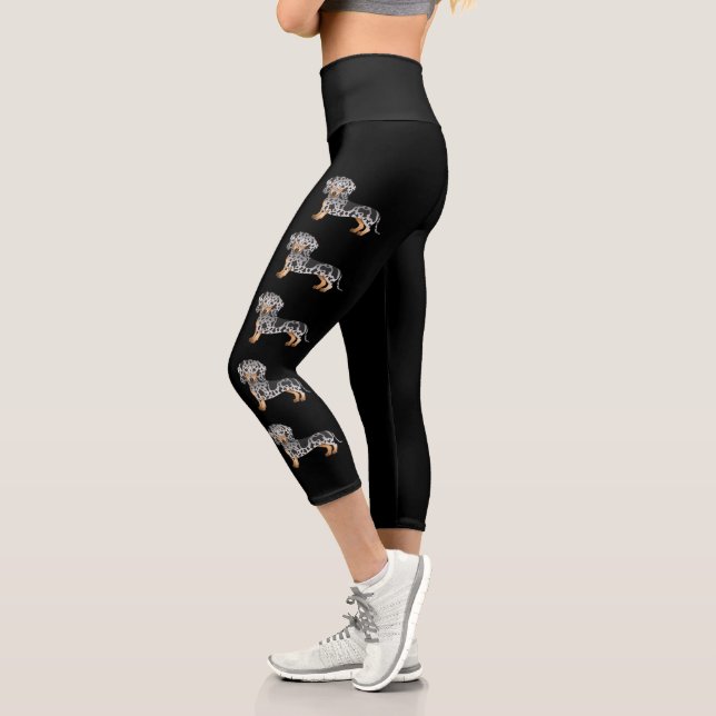 Black And Tan Dapple Short Hair Dachshund Dogs Capri Leggings (Left)