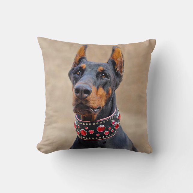 Black and Tan Doberman Pinscher in Jewelled collar Cushion (Front)
