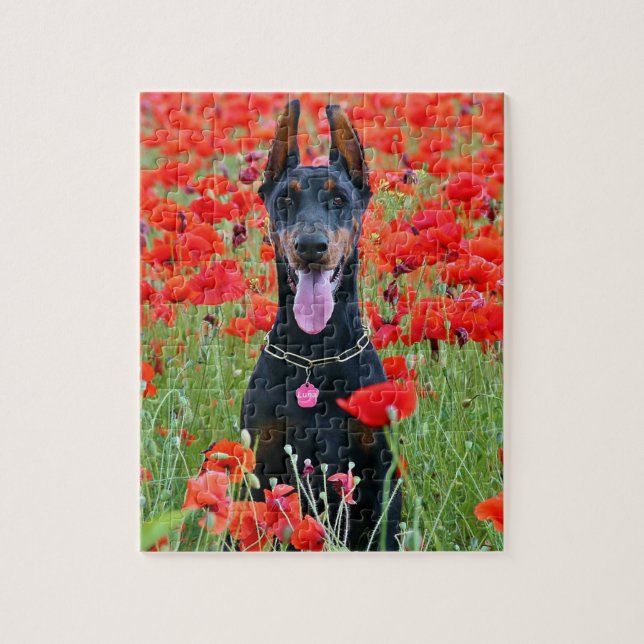 Black and Tan Doberman Pinscher in Red Flowers Jigsaw Puzzle (Vertical)