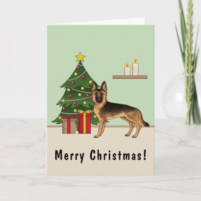 Black And Tan German Shepherd And A Christmas Tree Card (Front)