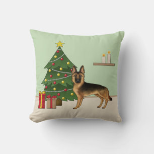 Black And Tan German Shepherd And A Christmas Tree Cushion