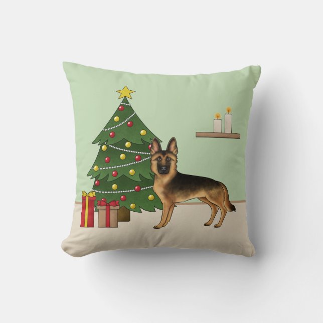 Black And Tan German Shepherd And A Christmas Tree Cushion (Front)