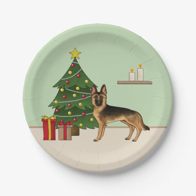 Black And Tan German Shepherd And A Christmas Tree Paper Plate (Front)