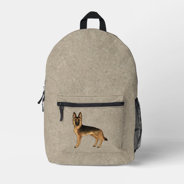 Black And Tan German Shepherd Cartoon Dog On Brown Printed Backpack (Front)