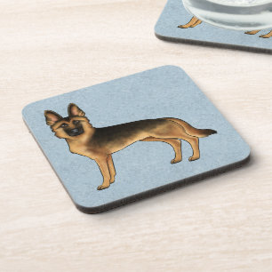 Black And Tan German Shepherd Cartoon GSD Dog Blue Coaster