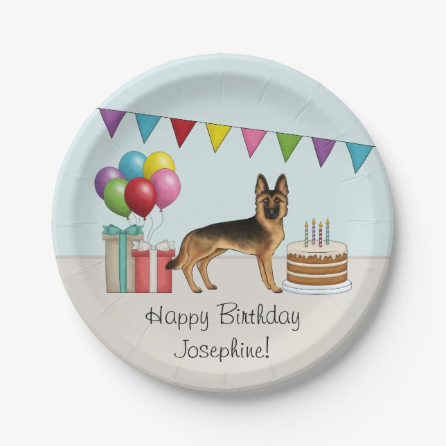 Black And Tan German Shepherd Colourful Birthday Paper Plate (Front)