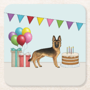 Black And Tan German Shepherd Colourful Birthday Square Paper Coaster