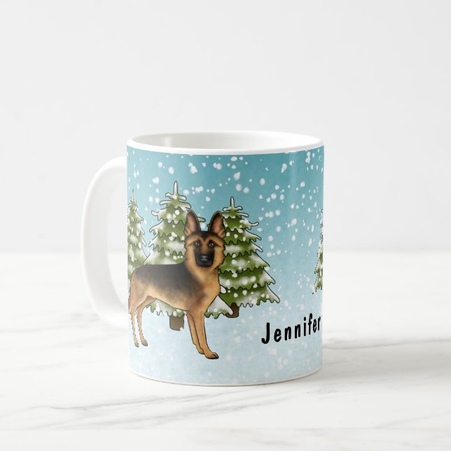 Black And Tan German Shepherd Dog Winter Forest Coffee Mug (Front Left)