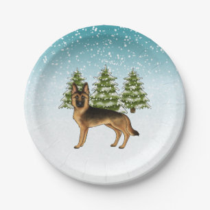 Black And Tan German Shepherd Dog Winter Forest Paper Plate