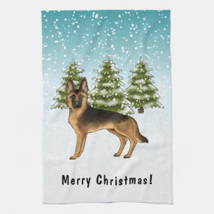Black And Tan German Shepherd Dog Winter Forest Tea Towel