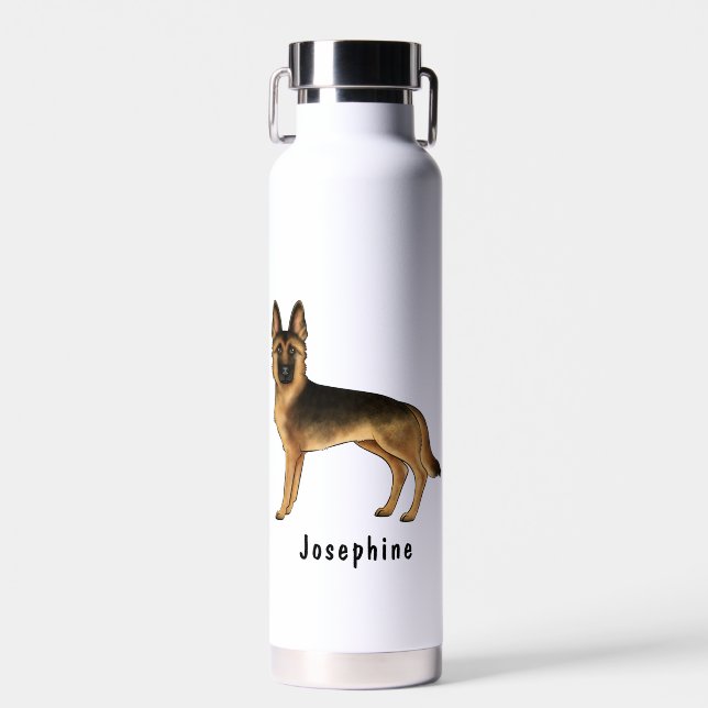 Black And Tan German Shepherd Dog With Custom Name Water Bottle (Front)