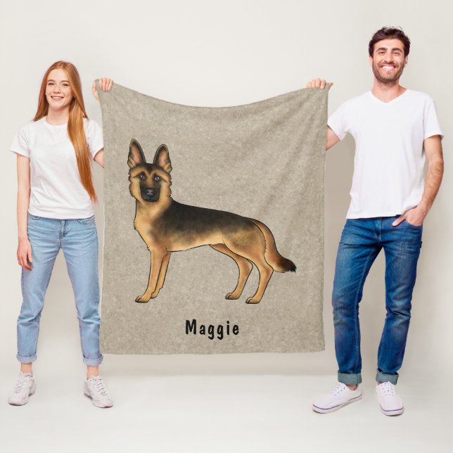 Black And Tan German Shepherd Dog With Custom Text Fleece Blanket (In Situ)