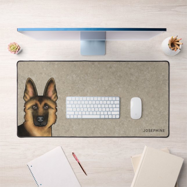 Black And Tan German Shepherd Head And Custom Name Desk Mat (Office 1)