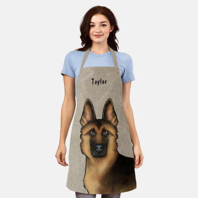 Black And Tan German Shepherd Head And Name Beige Apron (Worn)