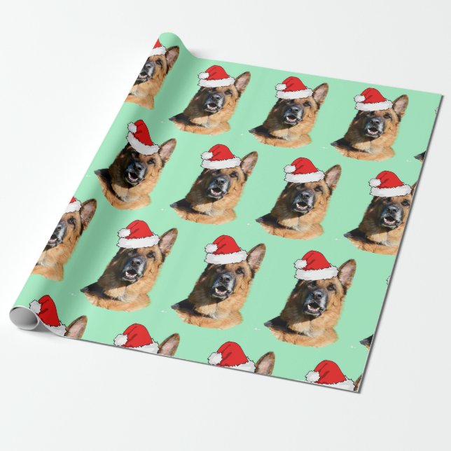 Black and Tan German Shepherd with Santa Hat   Wrapping Paper (Unrolled)