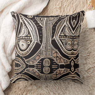 Black and Tan Hand Drawn Tribal African Pattern Cushion