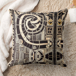 Black and Tan Hand Drawn Tribal African Pattern Cushion