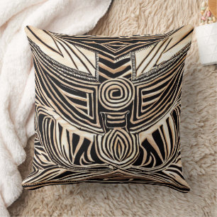 Black and Tan Hand Drawn Tribal African Pattern Cushion