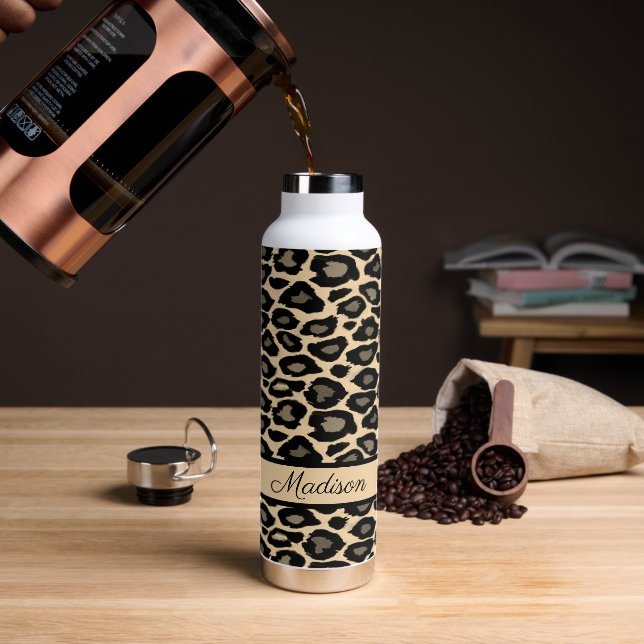 Black and Tan Leopard Print Personalised Water Bottle (Coffee)