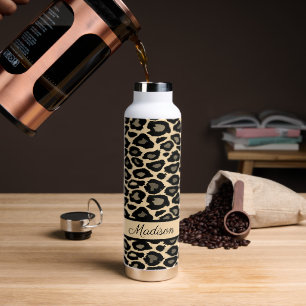 Black and Tan Leopard Print Personalized Water Bottle
