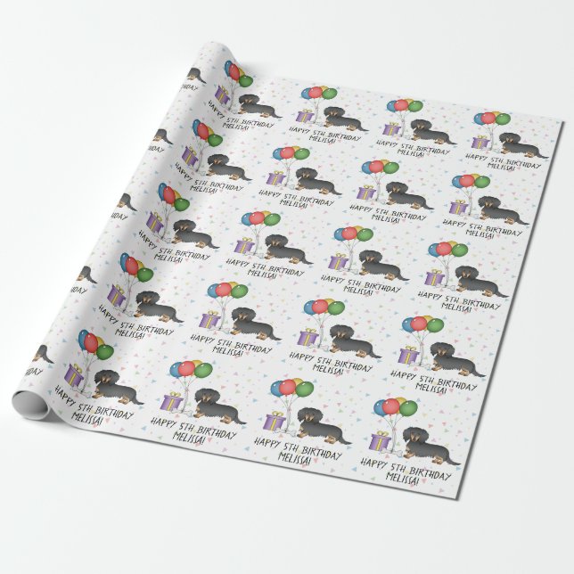 Black And Tan Long Hair Dachshund Happy Birthday Wrapping Paper (Unrolled)